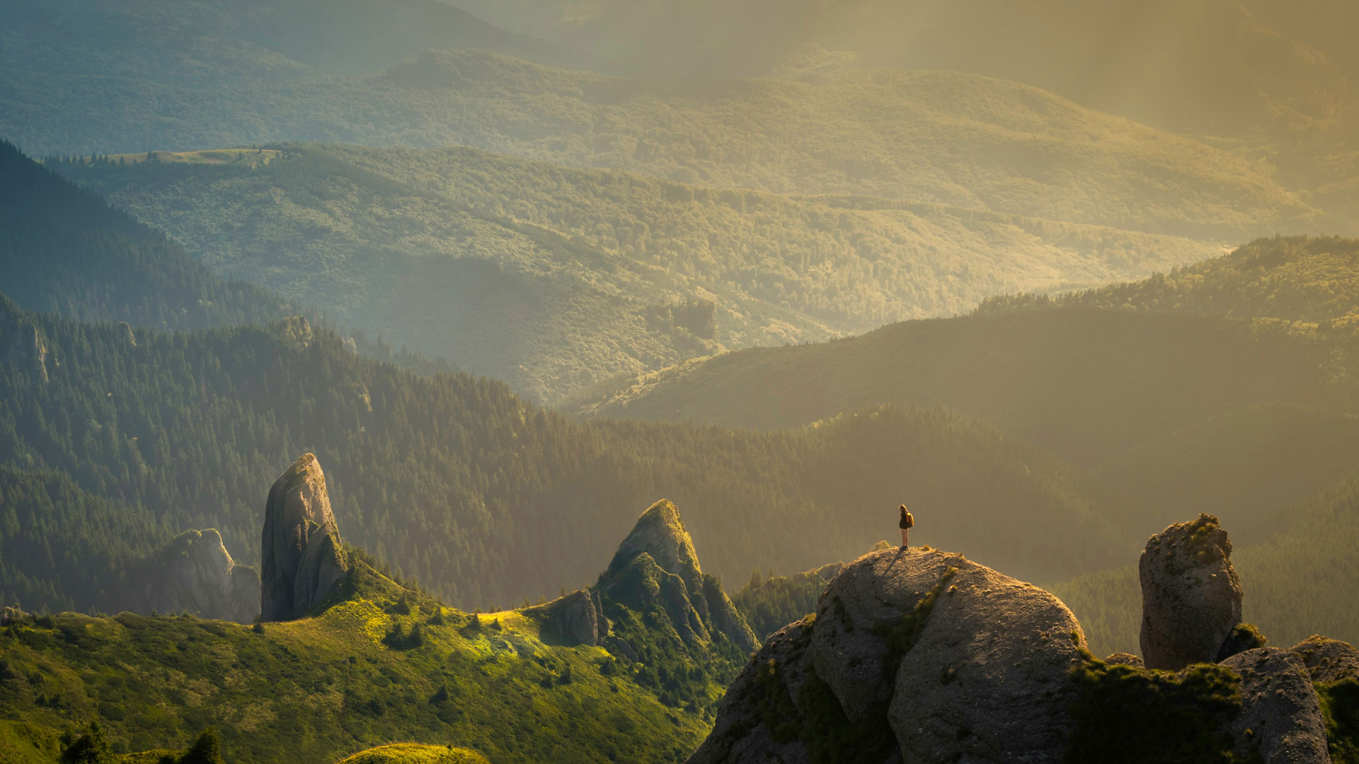 person standing on mountain peak